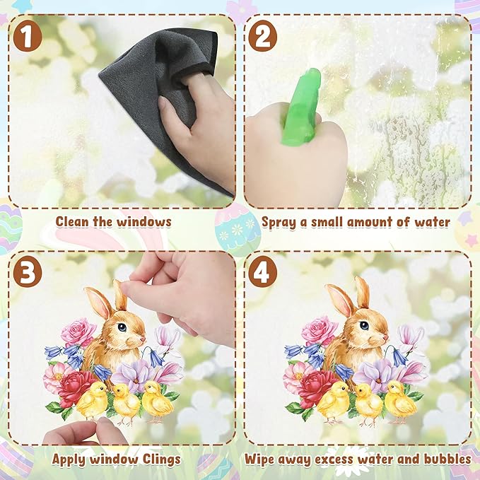 9 Sheets Easter Window Clings, 87 PCS Watercolor Easter Party Decorations with Bunny Egg Flower, Double Sided Egg Window Decals Stickers for Spring Decor Home Office Party Supplies