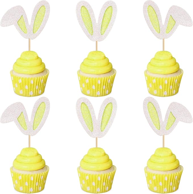 Ercadio 24Pcs Easter Bunny Ear Cupcake Toppers Glitter Yellow Rabbit Ears Cupcake Picks Easter Bunny Cupcake Decors for Rabbit Baby Gender Reveal Kids Birthday Baby Shower Party Supplies