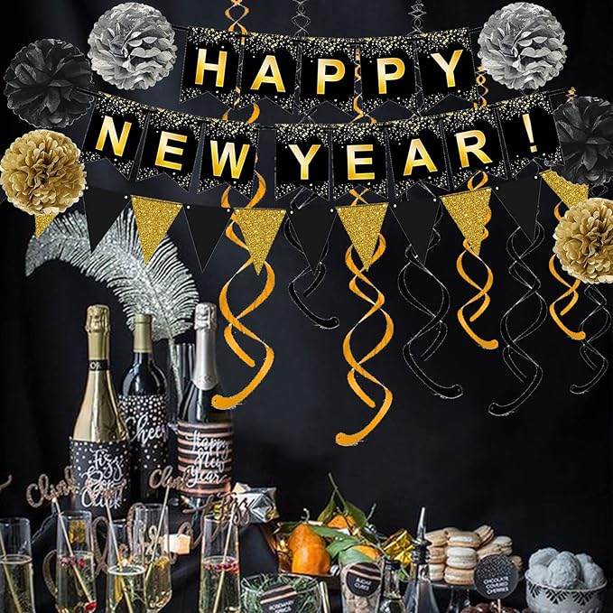 Happy New Year Set Black Banner with Gold Black Paper Flag Bunting Swirl Streamers & Pom Poms for Happy New Year Party Decorations
