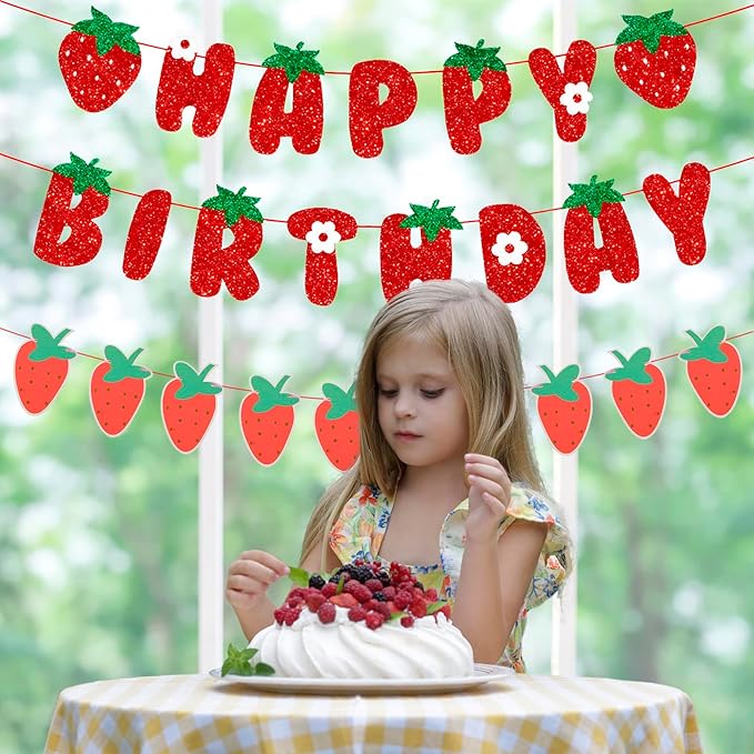 Strawberry Happy Birthday Banner Party Decoration Strawberry Themed Garland Baby Shower Birthday Decoration Supplies