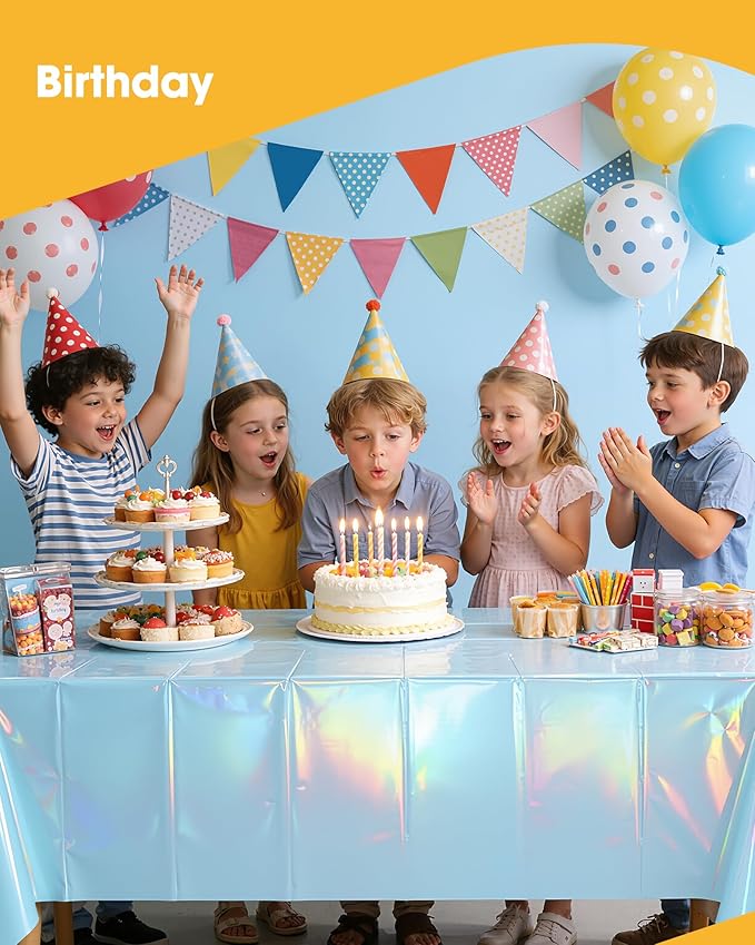 Iridescent Blue Plastic Table Cloth - 4 Pack 54" × 108" Rectangle Disposable Tablecloths for 6FT Tables, Table Cover for Party, Holiday & Gathering Use