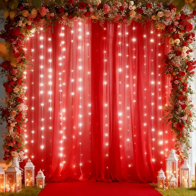 10x10ft Red Tulle Backdrop Curtain with Lights String for Parties, Sheer Photo Backdrop Curtains for Valentines Wedding Baby Shower Birthday Party Photo Shoot Decorations