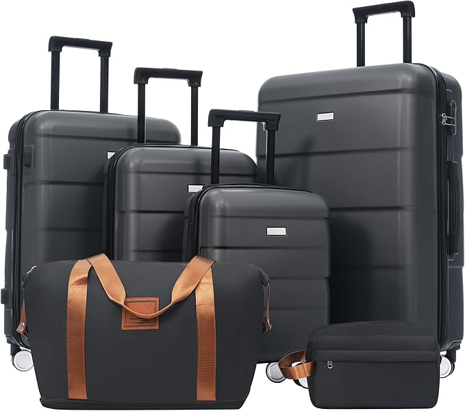 6 Pcs ABS Hardshell Luggage Sets Spinner Wheel Suitcase Lock Suitcases Charcoal