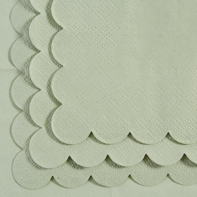 100 Pack Cocktail Napkin 2-Ply Scalloped Edged Dessert Napkins Folded 5 x 5 Inches Disposable Napkins for Dinner Wedding Birthday Party Bridal Anniversary Reception Event (Sage Green)