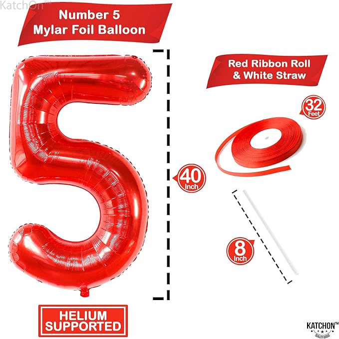 KatchOn, Red Number 5 Balloon - 40 Inch | Happy 5th Birthday Balloons, 5 Year Old Birthday Balloons | Mylar 5 Year Old Balloon For Boy | Red 5 Balloon Numbers for 5th Birthday Decorations for Boys