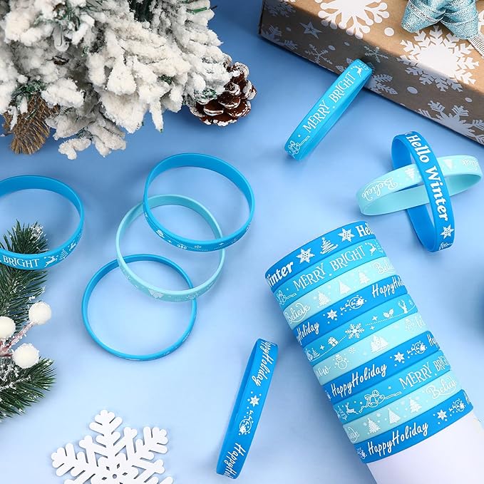 JUNEBRUSHS 42Pcs Winter Party Favors,Snowflake Silicone Bracelets Elk Christmas tree Rubber Wristbands for Merry Xmas Winter Birthday Party Decorations Favors Accessories