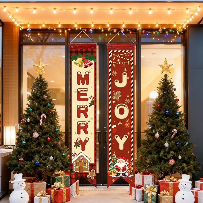 3PCS Christmas Party Decorations Merry Christmas Porch Banners Xmas Hanging Signs Holiday Wall Decor Rustic Farmhouse Xmas Porch Signs for Indoor Outdoor Photo Booth Backdrop Winter Party Supplies
