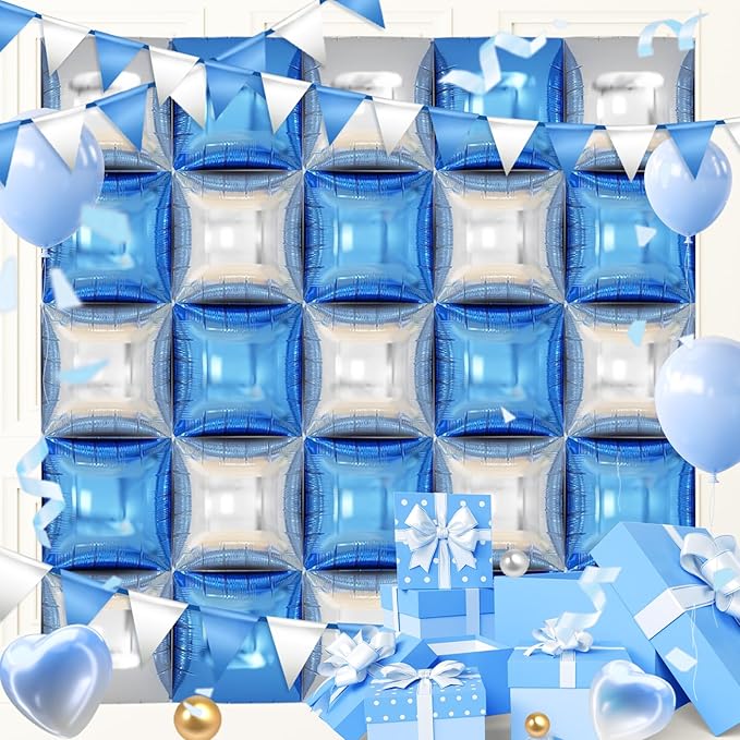 50PCS Blue and Silver Balloon Wall, 19'' Reusable DIY Mylar Double Side Square Balloons Garland Tunnel Arch Kit for Baby Shower Anniversary Bachelorette Birthday Engagement Bridal Decor