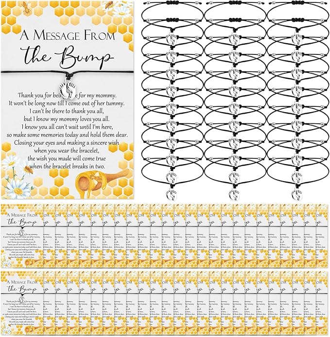 Thyle 50 Set Bee Baby Shower Favors for Guests Adjustable Bracelets with Message from the Bump Card Footprints Charm Baby Shower Bracelets for Gender Reveal Thank You Gifts
