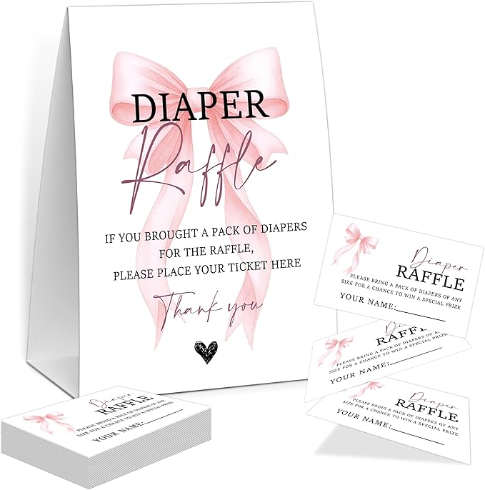 Pink Bow Baby Shower Diaper Raffle, Baby Shower Game, Include One 5×7 Sign and 50 Diaper Raffle Tickets, Pink Coquette Bow Gender Reveal Party Decoration Supplies - FG17