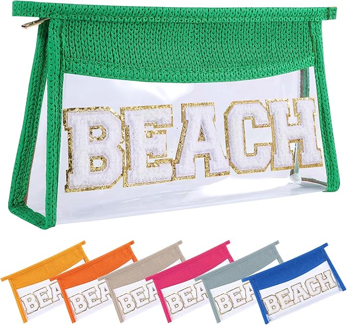 Beach Pouch Sunscreen Clear Makeup Bag Chenille Letter Beach Cosmetic Pouch Summer Essential Cute Toiletry Pouch Travel Accessories Gifts for Women