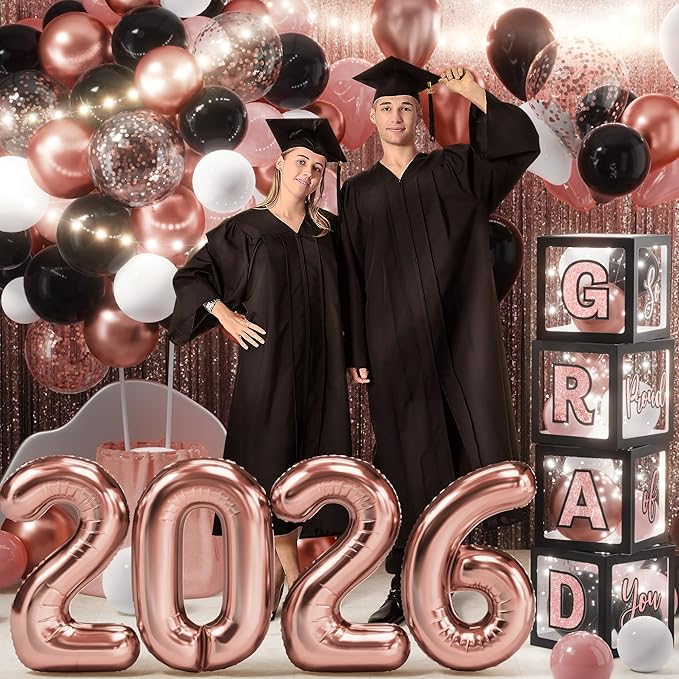 Graduation Party Decorations Class of 2026, 86PCS Pink Black Graduation Party Supplies High School College Grad Balloon Boxes with Letters, Foil Curtains, LED String Light, Balloon Garland Kit