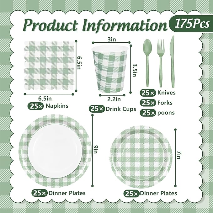 175Pcs Sage Green Gingham Party Supplies Kit Buffalo Plaid Tableware Set Disposable Dinnerware Paper Napkin Plate Cup Spoon Fork Knife for 25 Guest Party Favor