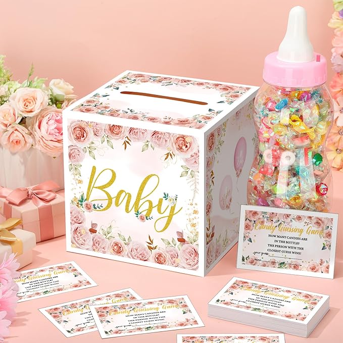 Glenmal 52 Pcs Baby Shower Games Gift Sets Large Baby Bottle for Shower Game Guess How Many Candies Decorations for Gender Reveal(Flower)