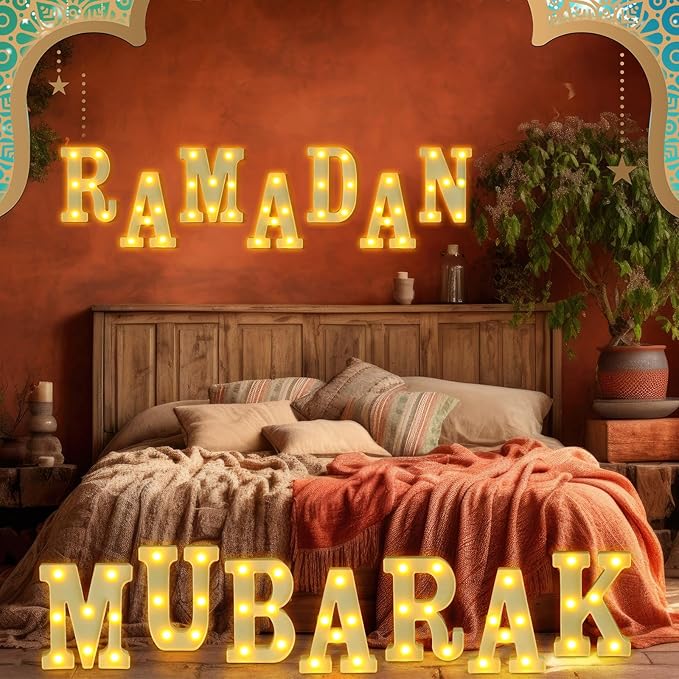 14 Pcs Ramadan Mubarak Large LED Letter Sign Powered Battery Light Hanging Decor for Party Decorations Indoor Outdoor