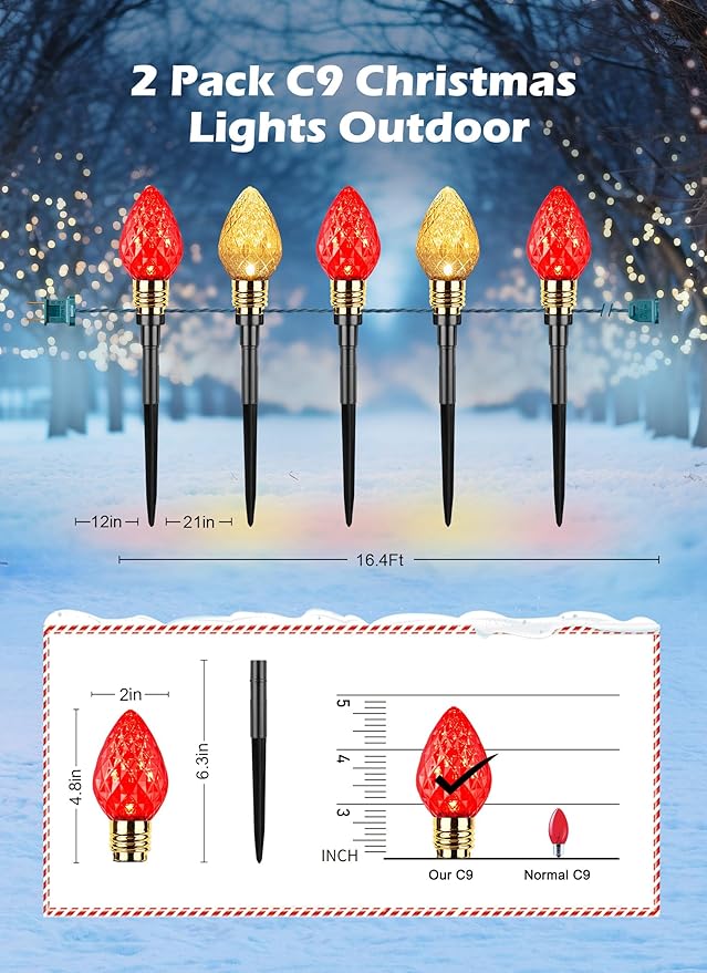Brightown 2 Pack Strawberry C9 Christmas Pathway Lights Outdoor - Total 34.8 Feet 20 LED Christmas Walkway Lights, Christma LightsOutdoor Decorations for Yard Lawn Holiday Outside, Red & Warm White