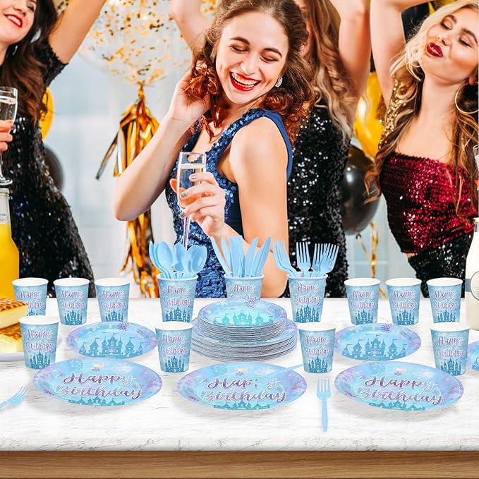 168Pcs Frozen Themed Birthday Party Supplies Winter Onderland Plates Napkins Cups Snow-Castle Tableware Set for Girls Baby Shower Snow Themed Birthday Party Supplies Serves 24