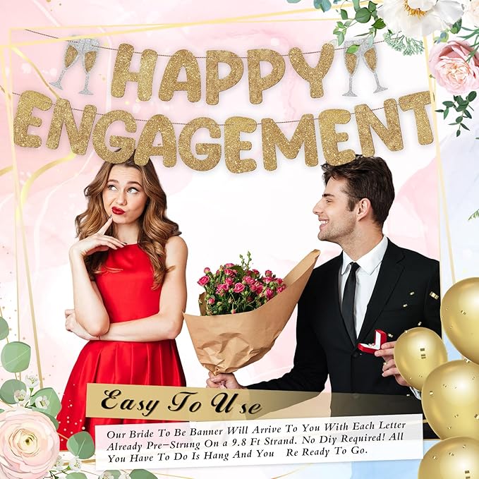 Breling Pre Strung Happy Engagement Banner Glitter Engagement Party Decorations for Congratulations Engaged Wedding Shower Signs Decor(Champagne Gold)