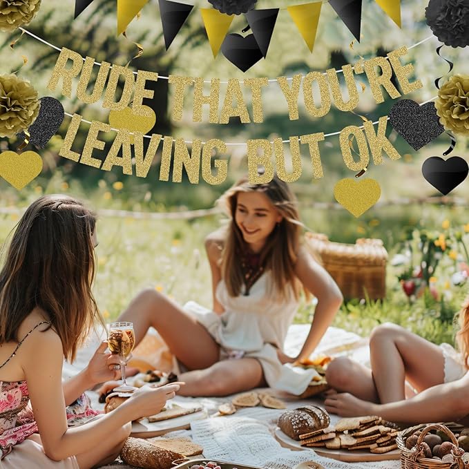 Rude That You're Leaving But OK Banner Going Away Party Decorations for Coworker Friends, Retirement Party Decor, Black Gold Glittery Office & Home Farewell Party Goodbye Decorations