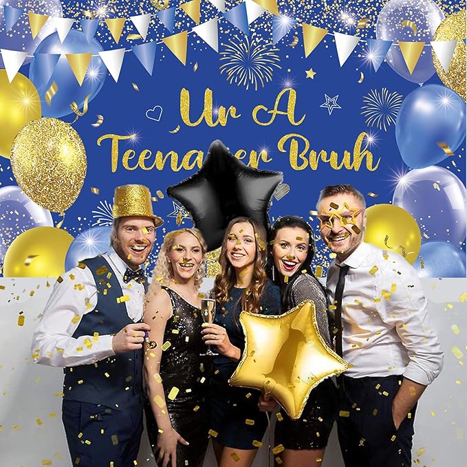 Blue Gold Ur A Teenager Bruh Banner Backdrop Photography Background Hanging 13th Happy Birthday Party Decoration for Bro I'm 13 Year Old Teen Bday Accessories Supplies 72.8 * 43.3in