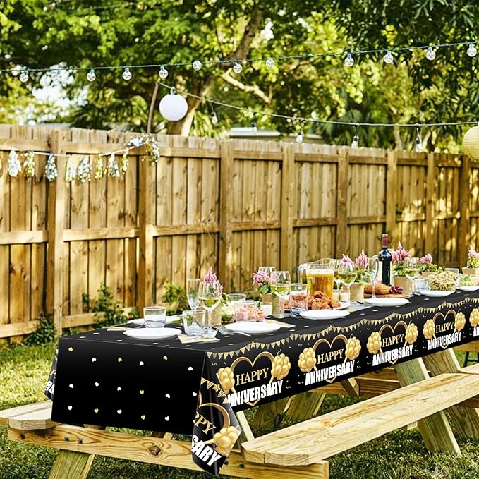 3 Pack Happy Wedding Anniversary Tablecloth Decorations, Black Gold Themed Table Cover Party Supplies, 25th 30th 40th 50th 60th Anniversary Plastic Disposable Rectangular Table Cloth Decor