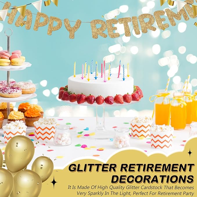 Fulmoon Pre Strung Happy Retirement Banner Glitter Retirement Sign Funny Official Retired Decor Party Decorations Supplies for Men Women Gifts (Champagne Gold)