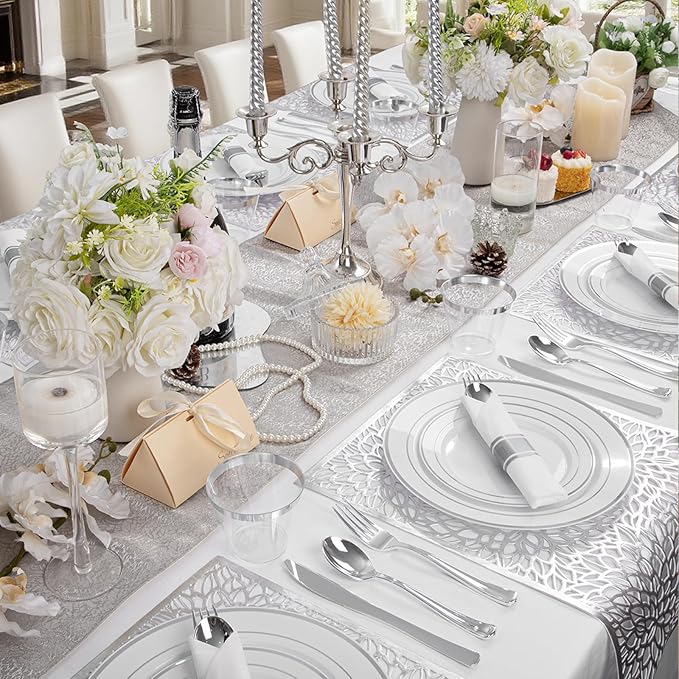 175PCS Sliver Plastic Plates - Silver Plates Disposable - White Plate with Silver Trim 25Guests Plastic Dinnerware Sets with Rolled Napkins for Wedding Baby Shower Spring Birthday