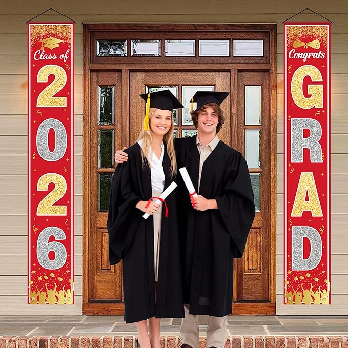 OHOME Graduation Decorations 2026 - Red Gold Congrats Grad Porch Banner for Graduation Party Decorations - Class of 2026 - Party Favors Supplies Backdrop Yard Signs Decor (Red)