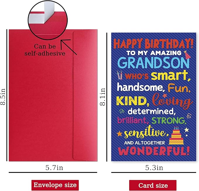 Happy Birthday Card for Grandson from Grandparents, Heartwarming Greeting with Positive Words Design, Birthday Card Gift for Grandson from Grandma or Grandpa
