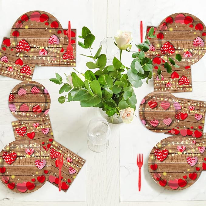chiazllta 96 Pcs Valentine's Day Party Paper Plate and Napkins Valentine Party Heart Disposable Tableware Paper Dinnerware Valentines Party Decorations for Party Favors 24 Guests