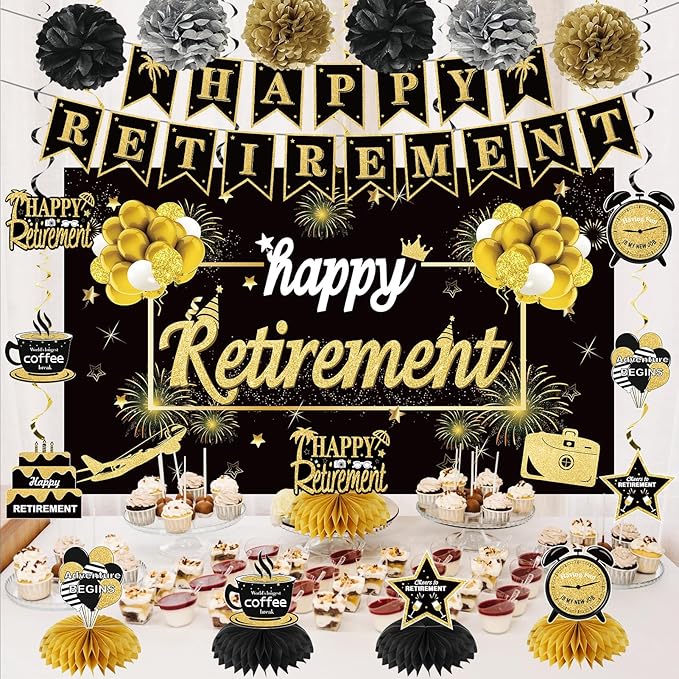 20PCS Happy Retirement Party Decorations Kit for Men Women, Kuxriox Black Gold Retirement Backdrop Balloon Honeycomb Centerpiece Swirl Paper Pompom Party Supplies, Retired Sash Table Topper Swirls Set