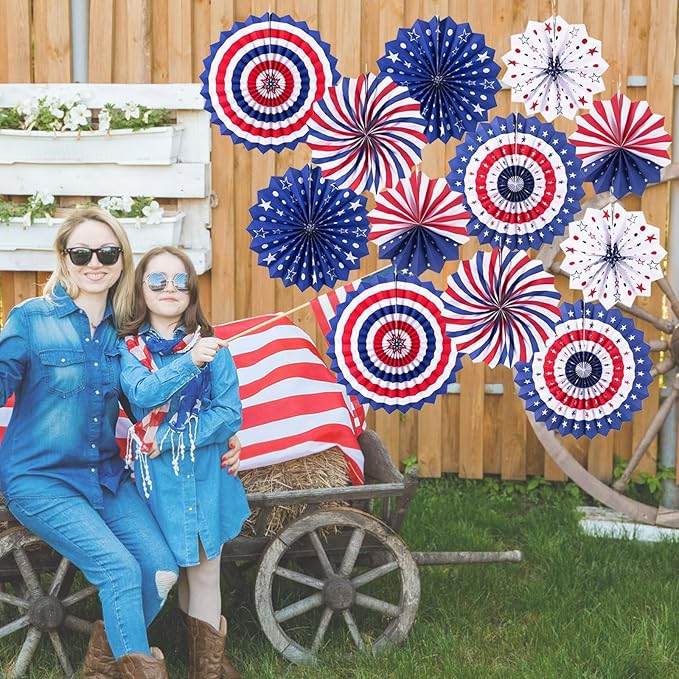 4th of July Patriotic Decorations 12PCS Hanging Paper Fan for USA Patriotic Decorations Independence Day Memorial Day American Theme Party Veterans Birthday Decor Supplies