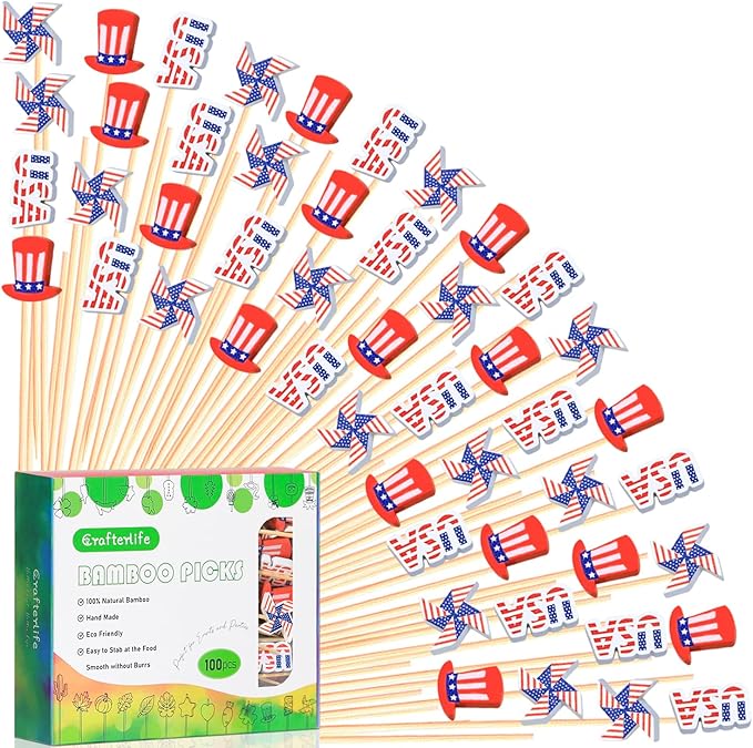 100pcs Patriotic Cocktail Picks Red White Blue 4th of July Decor Toothpicks Stick Skewer for Appetizer Charcuterie Accessories Fourth July Independence Memorial Veterans Election Day Party Decorations