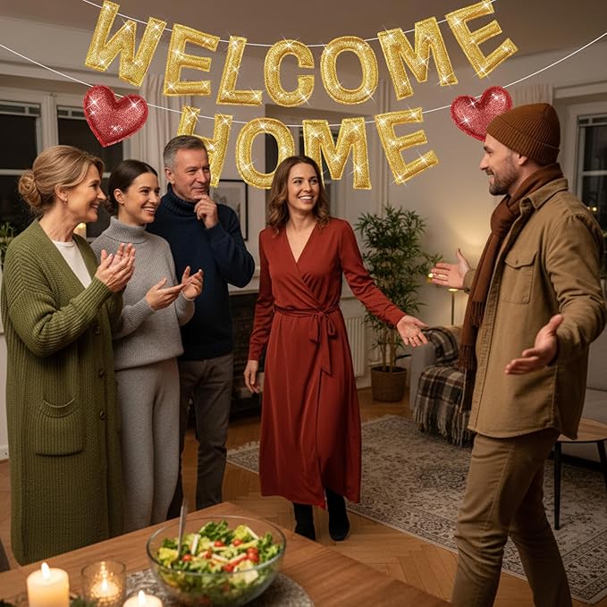 Tegeme Felt Welcome Home Banner, Pre-strung Glitter Welcome Garland Reusable Colorful Rainbow Decoration for Woman, Man Party Photo Prop(Yellow)
