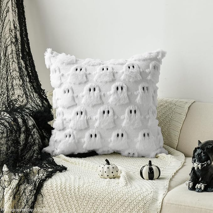 AVOIN colorlife Halloween Ghost White Throw Pillow Cover Set of 2, 16 x 16 Inch Soft Plush Faux Fur Jacquard Spooky Cushion Case Decoration for Sofa Couch