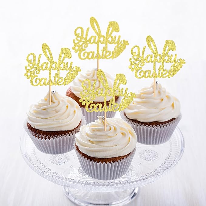 Ercadio 24Pcs Happy Easter Cupcake Toppers Glitter Golden Happy Easter Bunny Ears Cupcake Picks for Easter Day Theme Baby Shower Easter Birthday Party Cupcake Decorations