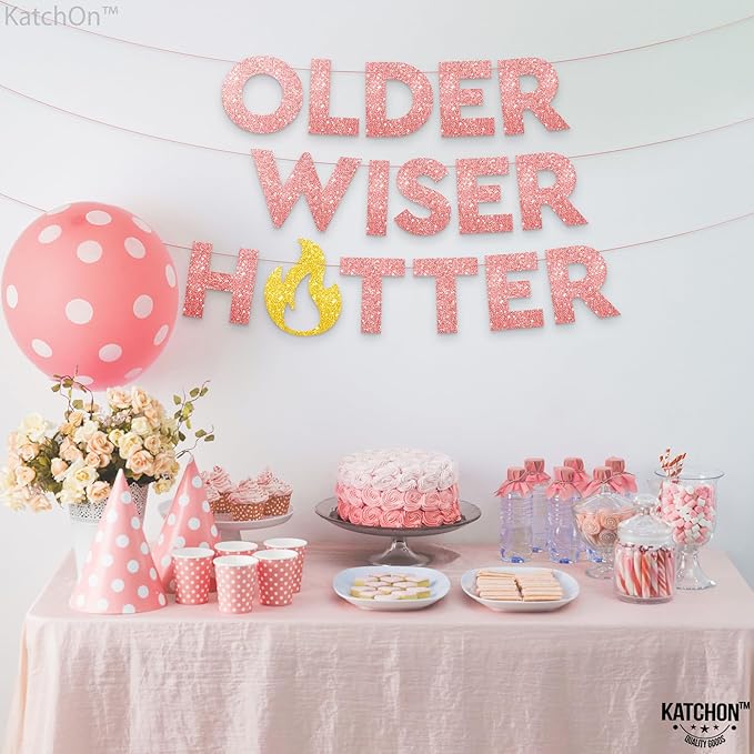 KatchOn, Glitter Older Wiser Hotter Banner - No DIY, 10 Feet | Rose Gold Birthday Banner, Birthday Decorations For Adult Women | 30th 40th 60th 70th 50th Birthday Decorations Sign