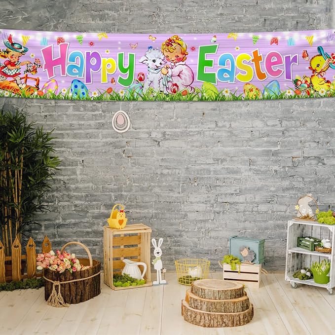 Easter Decorations Happy Easter Banner Traditional Easter Day Porch Banner Easter Yard Sign for Wall Yard Fence Spring Theme Party Indoor Outdoor (Pink)