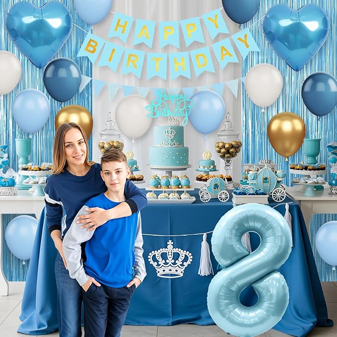 8th Birthday Decorations Blue White Gold,8th Birthday Balloons with Happy Birthday Banner Fringe Curtain Heart Foil Balloons for Boys Girls 8 Year Old Birthday Decor