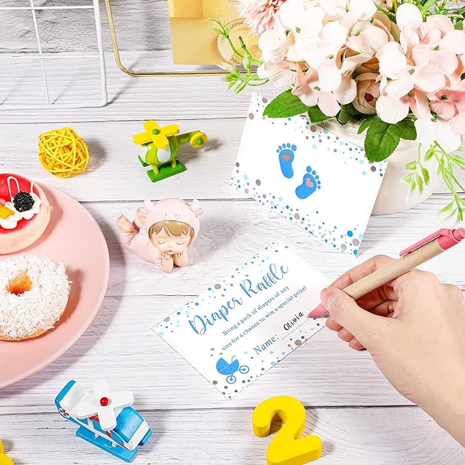 Funrous 51 Diaper Raffle Tickets with Box for Baby Shower Game Invitations Diaper Raffle Card for Gender Reveal Baby Shower Party Decoration Table Centerpiece(Blue Silver)