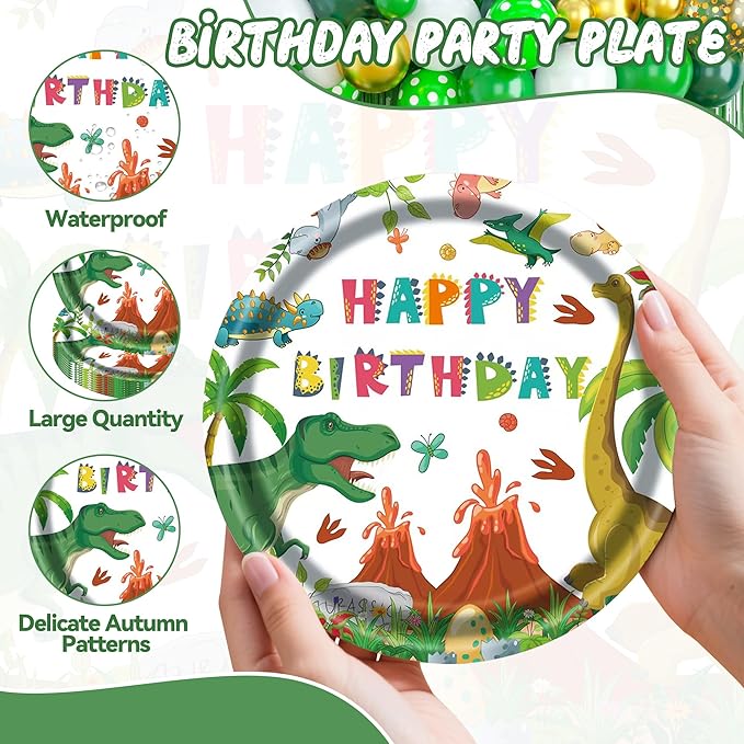 50PCS Dinosaur Birthday Paper Plates and Napkins - Watercolor Disposable Paper Plates Napkins Kit for Dinosaur Birthday Party Decorations Table Decor, Serves 25