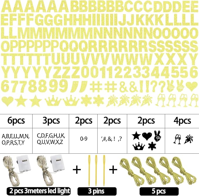 175Pcs DIY Letter Banner Glitter Customizable Banner DIY Happy Birthday Letters 0-9 Numbers Light Rope Kit Custom Personalized Banners Decor Birthday Party Decorations Supplies(Dazzling Champagne Glod)