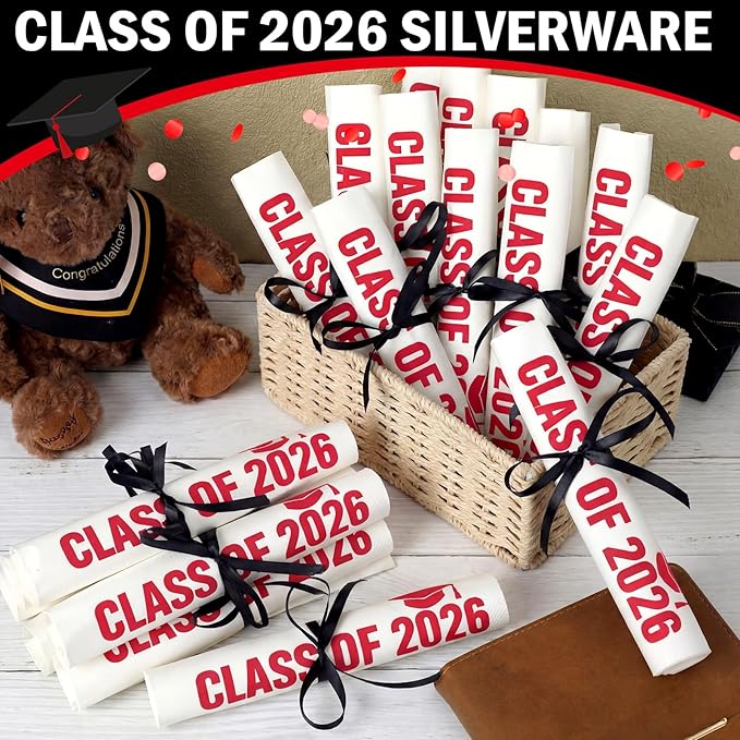 100 Set Graduation Class of 2026 Guest Red and White Napkins Black Rolled Silverware Disposable Grad Award Dinner Napkin with Ribbon and Scissors for Celebration