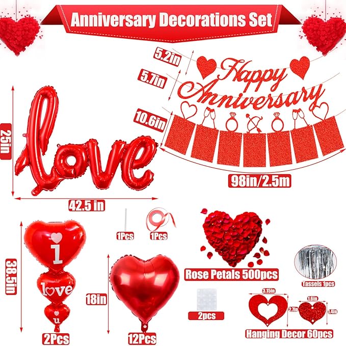 Happy Anniversary Decorations Set - Happy Anniversary Banner and Balloons, Photo Banner, I Love You and Red Heart Balloons with Rose Petals for Weddings, Valentine's Day and Anniversaries