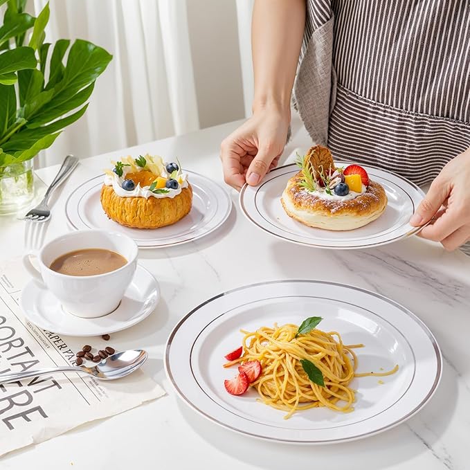 350Piece Silver Plastic Dinnerware Set for 50 Guests - Silver Plastic Plates with Cutlery Include:50Dinner Plates-50Dessert Plates-50Pre Rolled Napkins with Silverware Party Wedding