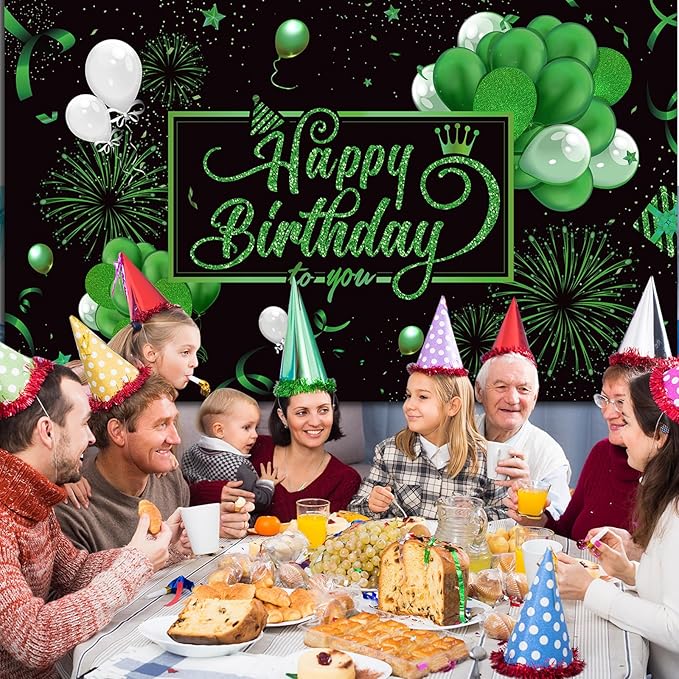 Blulu Happy Birthday Backdrop Banner Sign Poster Large Fabric Glitter Balloon Fireworks Sign Photo Backdrop Background for Birthday Party Decoration Supplies, 72.8 x 43.3in(Green)