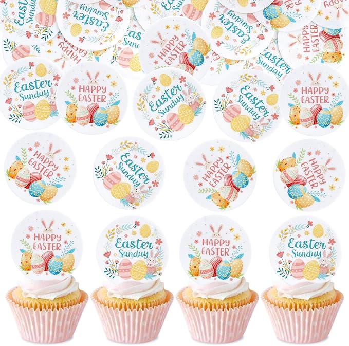 Ercadio 40 Pcs Edible Easter Eggs Cupcake Toppers Cute Rabbit Cupcake Decor Round Drink Topper Happy Easter Theme For Baby Shower Birthday Party Festive Cake Decoration Supplies