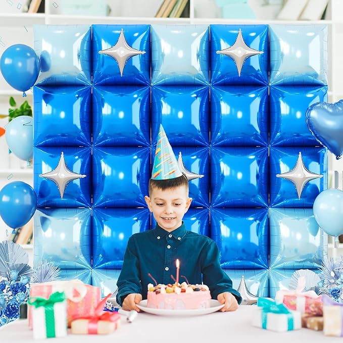 32PCS Navy Blue Light Blue Square Foil Balloons Wall with Silver Star Foil Balloon, Double Sided Metallic Blue Silver Balloon Backdrop Tunnel Arch for Under the Sea Ocean Birthday Graduate Baby Shower