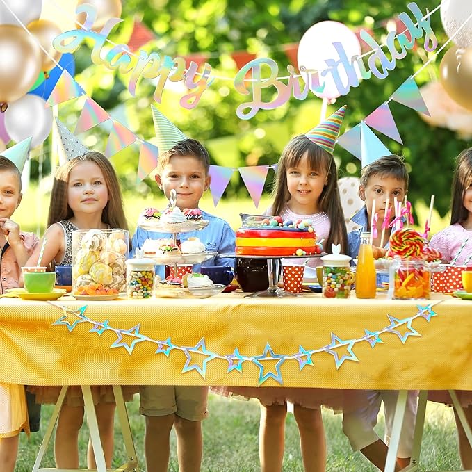 CANREVEL 3 PCS Iridescent Happy Birthday Banners, Hanging Star Garland and Pennant Banner Flags, Sparkling Iridescent Party Decorations, Iridescent Party Supplies for Women Men Girls Boys Adults