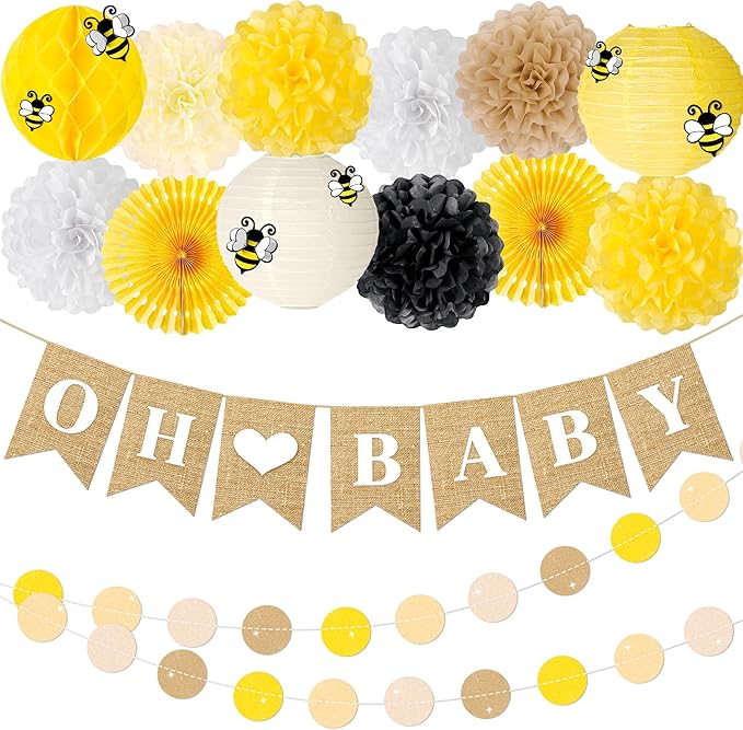 Bee Baby Shower Decorations 14 Pcs Honey Bee Baby Shower Decorations with Banner, Paper Lantern PomPoms Fans, Honeycomb Ball for Bumblebee Party Decor